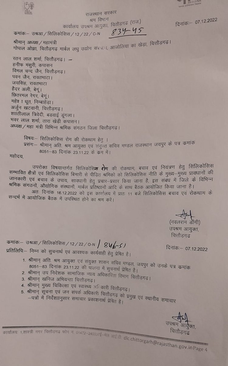 सिलिकोसिस रोग से बचाव, रोकथाम, जागरूकता हेतु , 16 दिसम्बर को श्रम विभाग कार्यालय पर होगी बैठक।