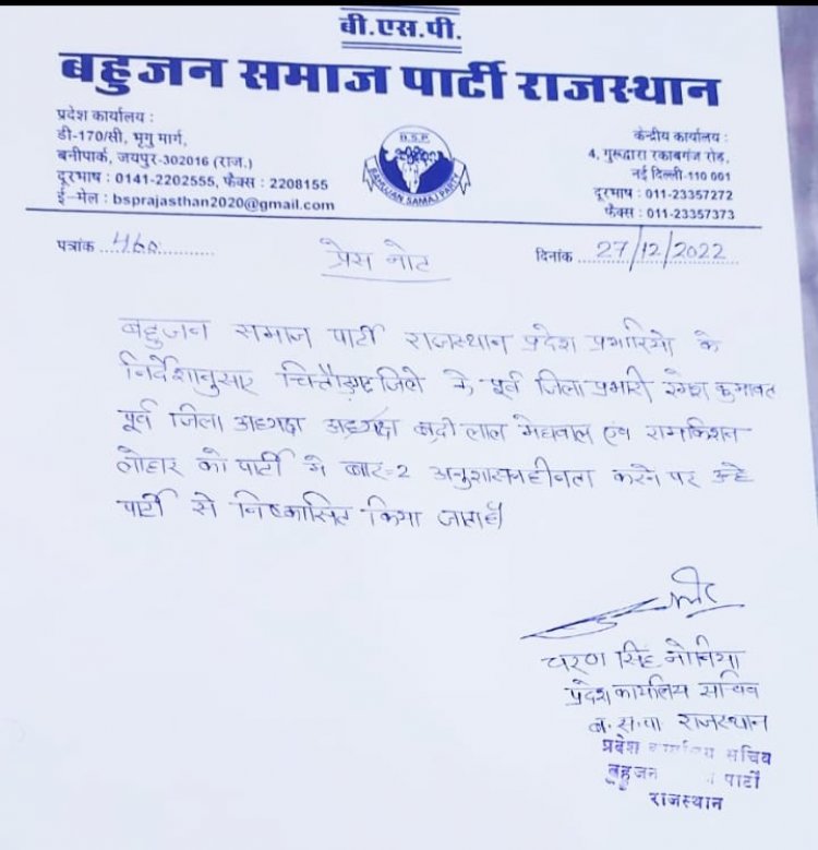 बहुजन समाज पार्टी ने चित्तौड़गढ़ के तीन पूर्व जिला पदाधिकारियों को किया पार्टी से निष्कासित।