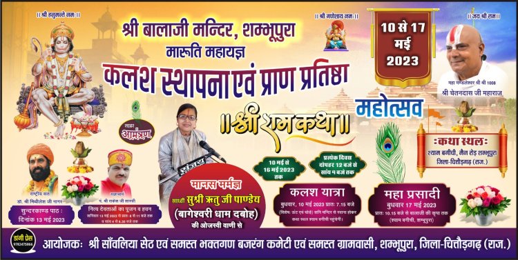 शम्भूपुरा मे 10 तारीख को निकलेगी भव्य कलश यात्रा, बालाजी मंदिर पर कलश स्थापना एवं प्राण प्रतिष्ठा महोत्सव का होगा आगाज